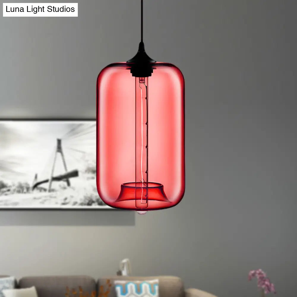 Contemporary 1-Light Hanging Lamp With Cylinder Glass Shade - Red/Brown/Blue Ceiling Light Red