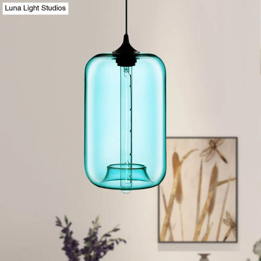 Contemporary 1-Light Hanging Lamp With Cylinder Glass Shade - Red/Brown/Blue Ceiling Light Sky Blue