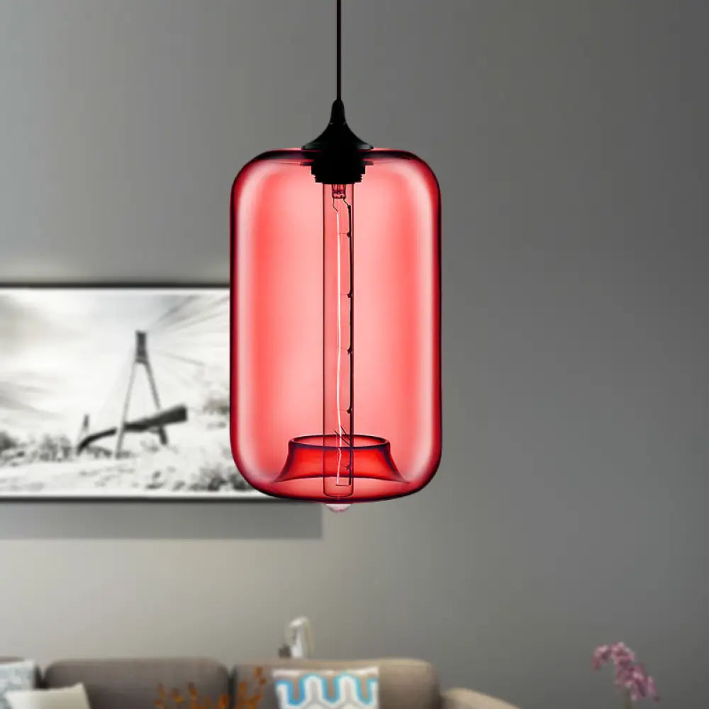 Contemporary Cylinder Glass Hanging Lamp - 1 Light Red/Brown/Blue Ceiling Red