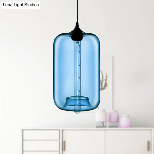 Contemporary 1-Light Hanging Lamp With Cylinder Glass Shade - Red/Brown/Blue Ceiling Light