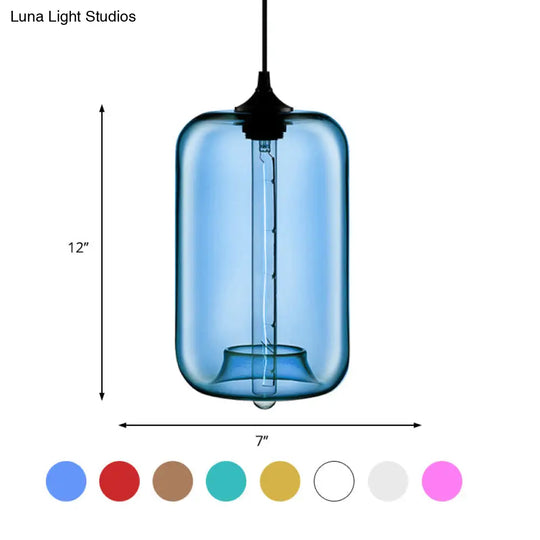 Contemporary 1-Light Hanging Lamp With Cylinder Glass Shade - Red/Brown/Blue Ceiling Light