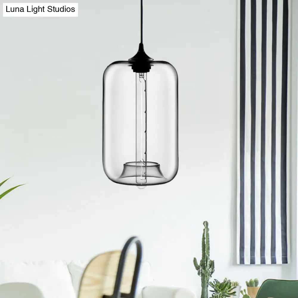 Contemporary 1-Light Hanging Lamp With Cylinder Glass Shade - Red/Brown/Blue Ceiling Light