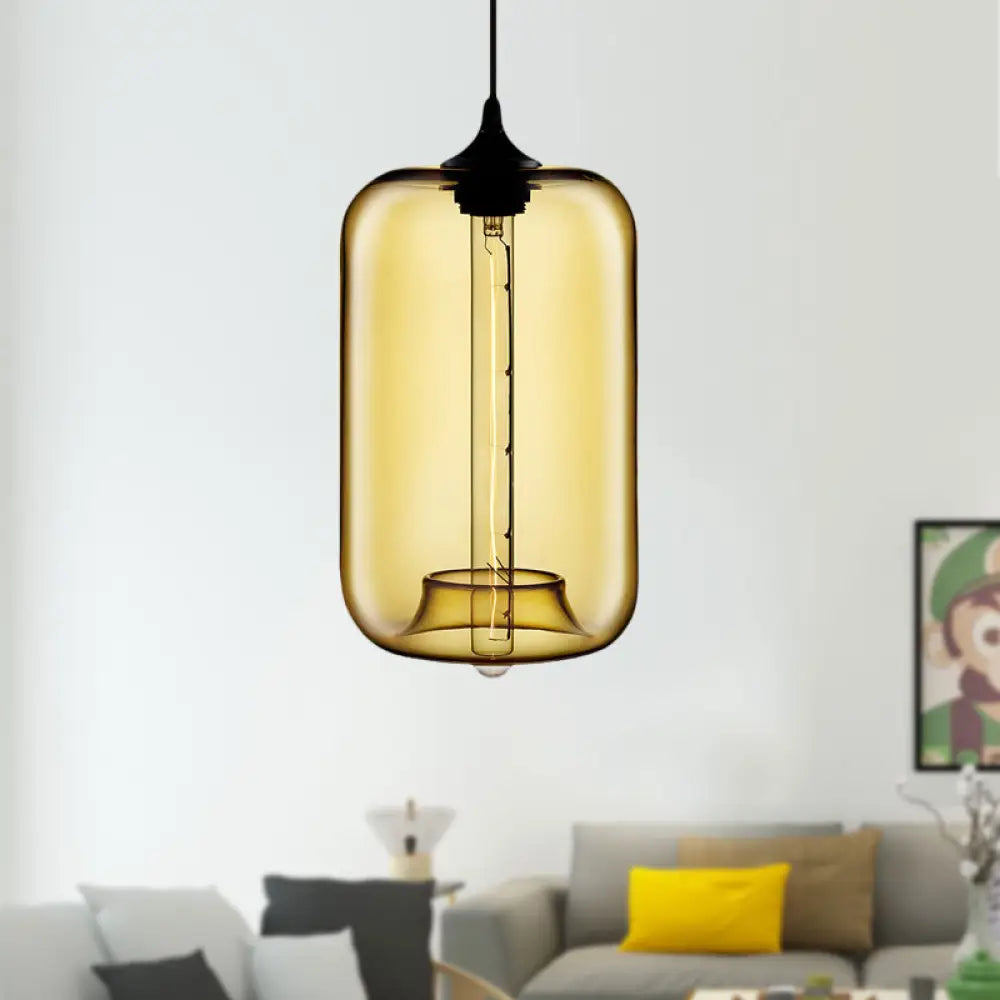 Contemporary Cylinder Glass Hanging Lamp - 1 Light Red/Brown/Blue Ceiling Amber