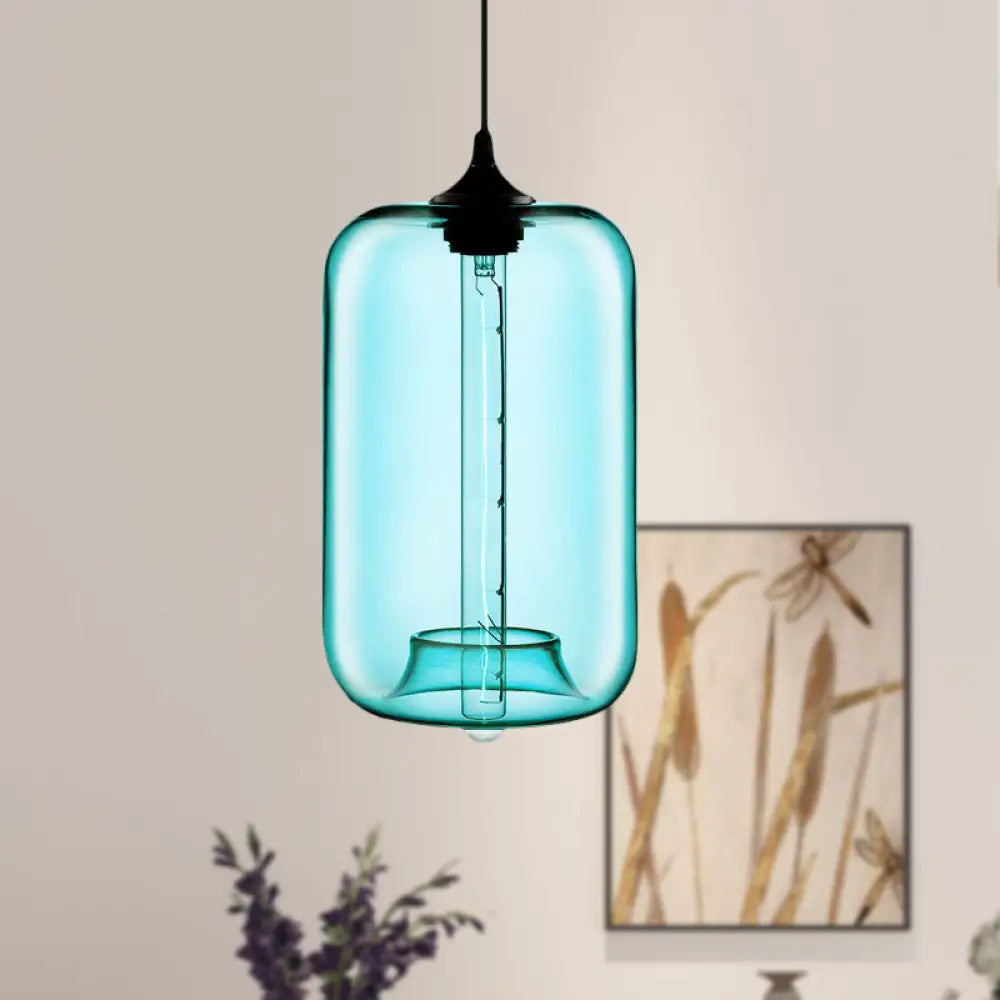 Contemporary Cylinder Glass Hanging Lamp - 1 Light Red/Brown/Blue Ceiling Sky Blue