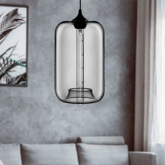 Contemporary Cylinder Glass Hanging Lamp - 1 Light Red/Brown/Blue Ceiling Smoke Gray