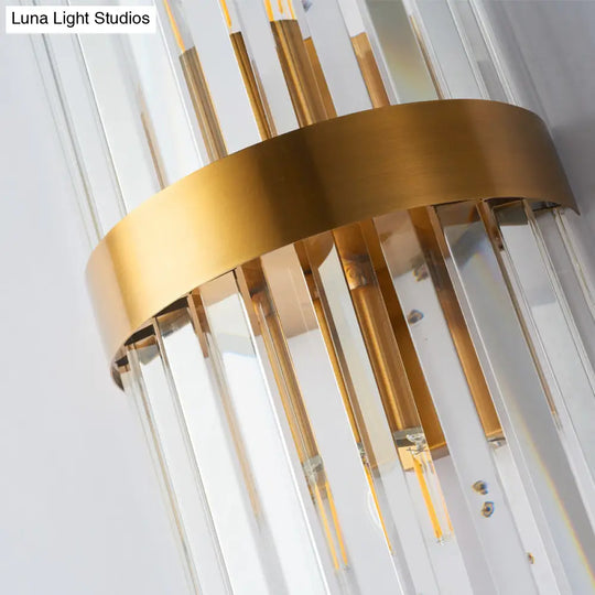 Contemporary Cylinder Sconce Light: Dual Head Gold Wall Mounted Fixture With Crystal Rod Accent