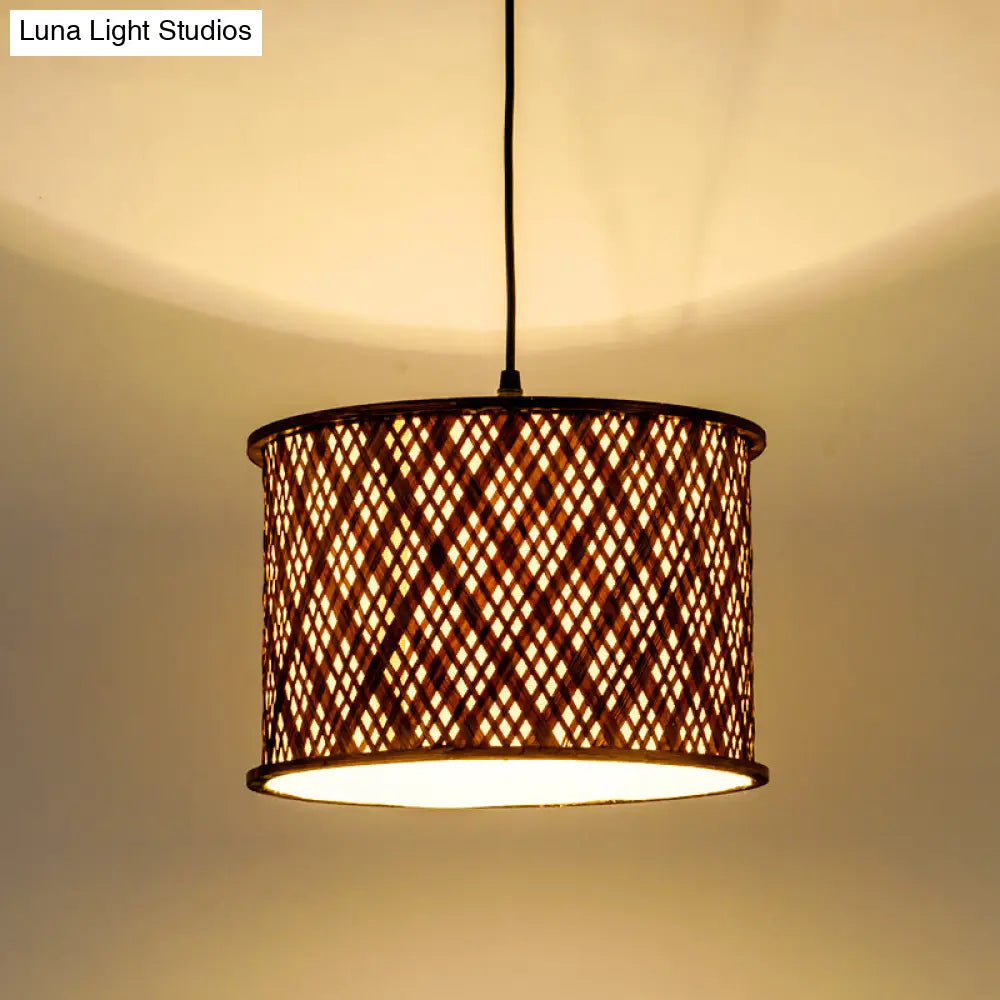 Contemporary Dark Brown Bamboo Pendant Light Kit - Woven Suspension 1 Bulb