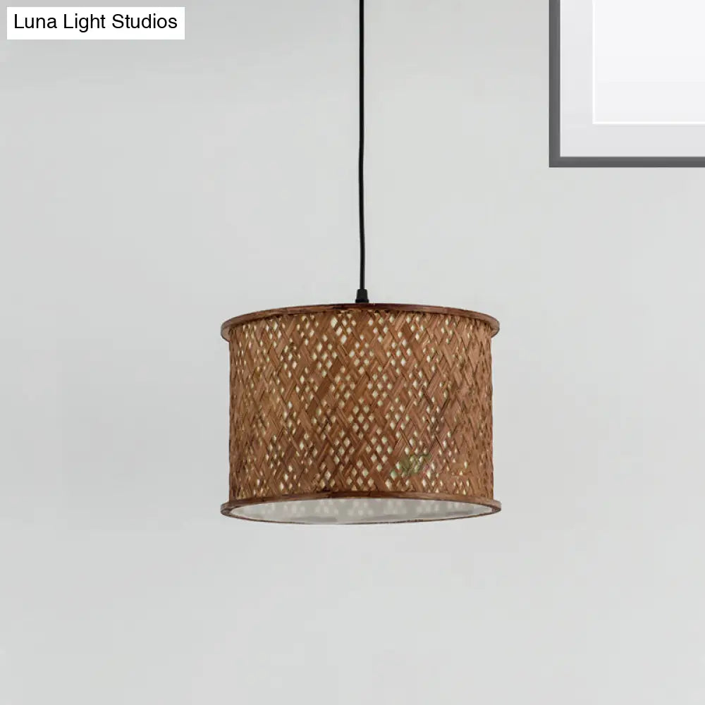 Contemporary Dark Brown Bamboo Pendant Light Kit - Woven Suspension 1 Bulb