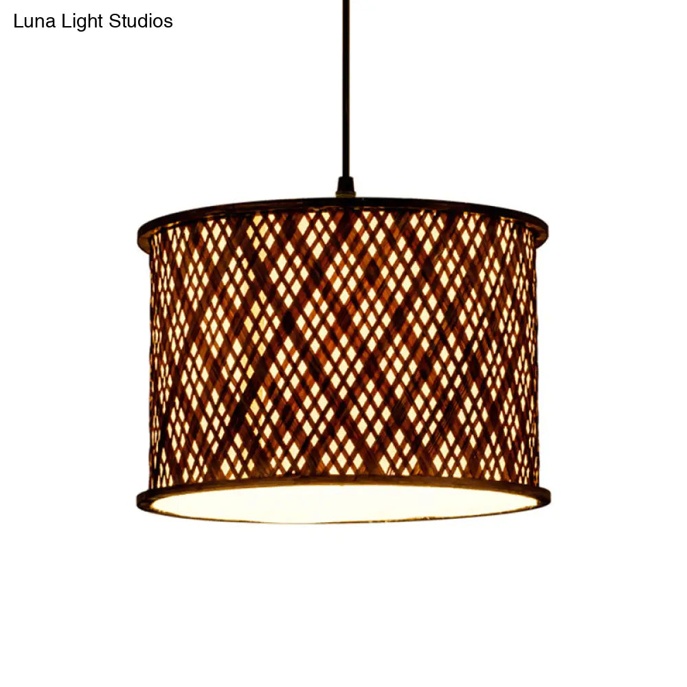 Contemporary Dark Brown Bamboo Pendant Light Kit - Woven Suspension 1 Bulb