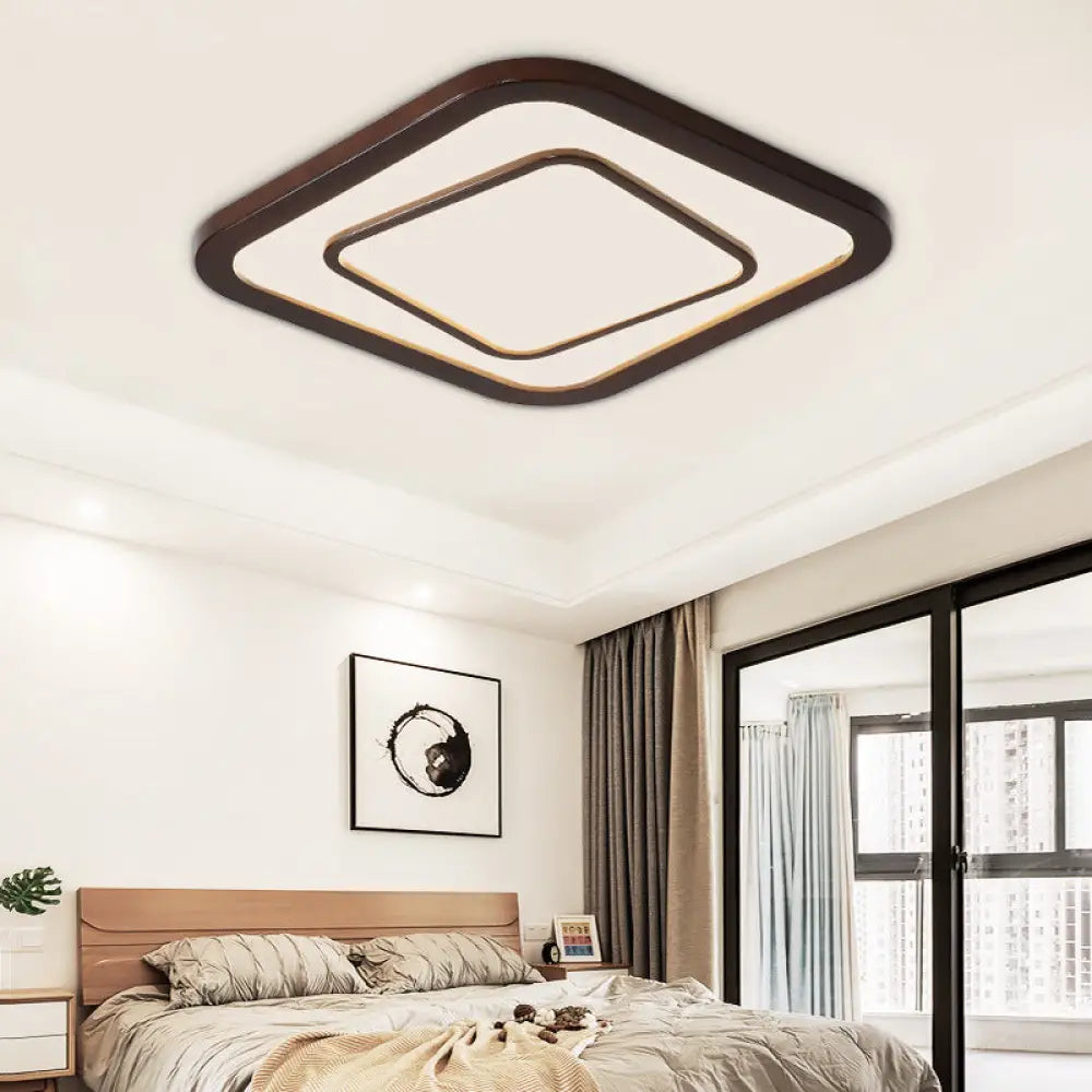 Contemporary Dark Wood Led Flush Mount Ceiling Fixture - Square Design / White