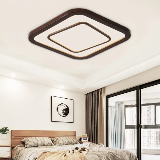 Contemporary Dark Wood Led Flush Mount Ceiling Fixture - Square Design / White