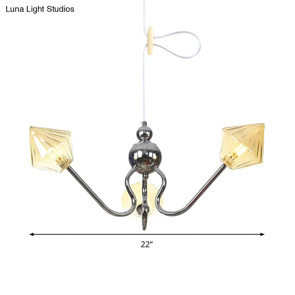 Contemporary Diamond Amber Glass Chandelier - 3-Light Chrome Led Pendant