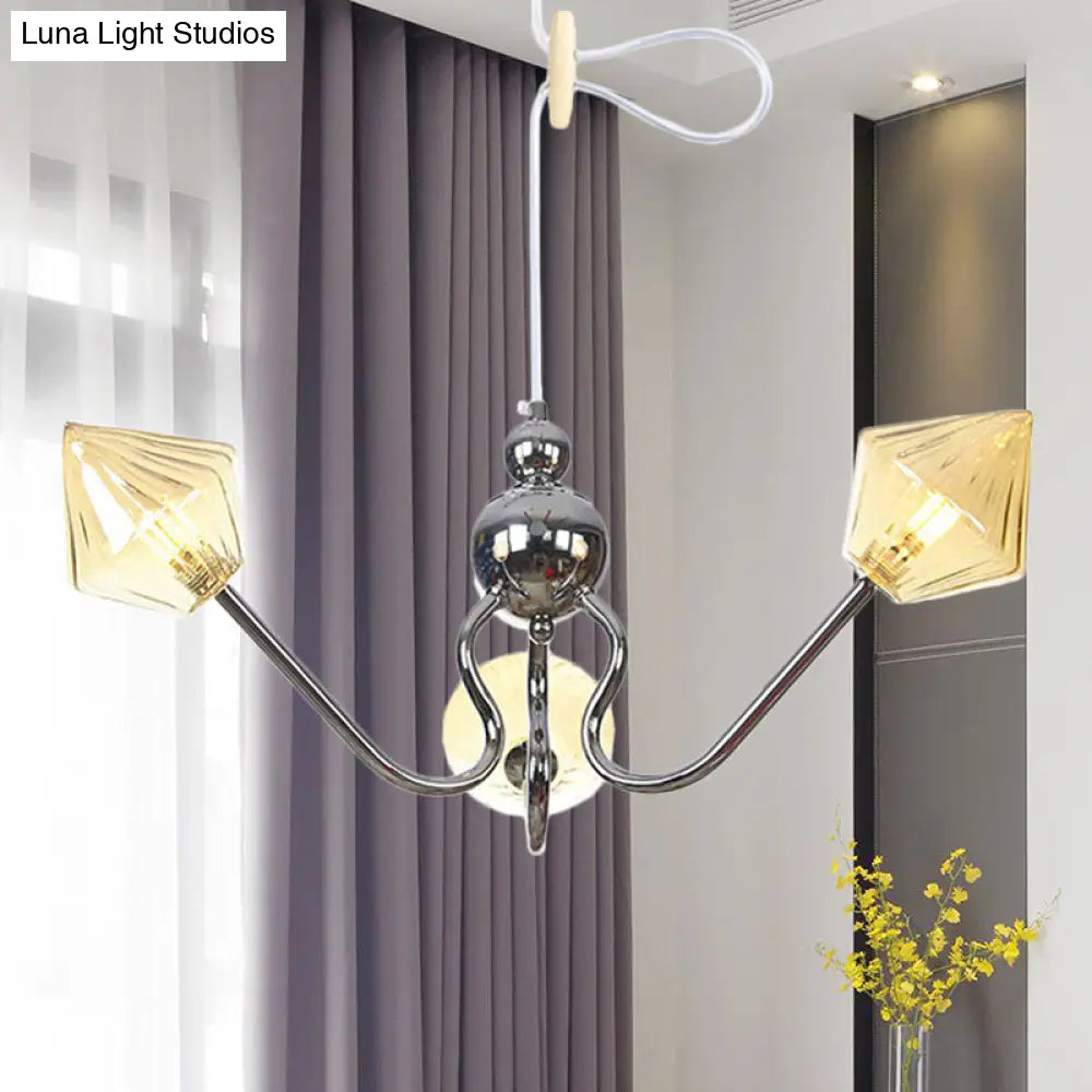 Contemporary Diamond Amber Glass Chandelier - 3-Light Chrome Led Pendant