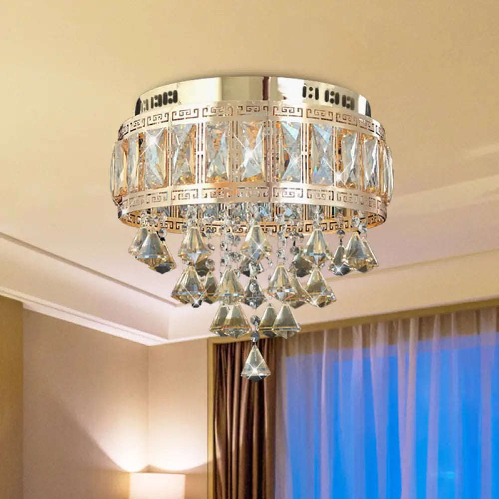 Contemporary Diamond Crystal Flush Lamp Fixture - Drum Shape 4 Lights Gold