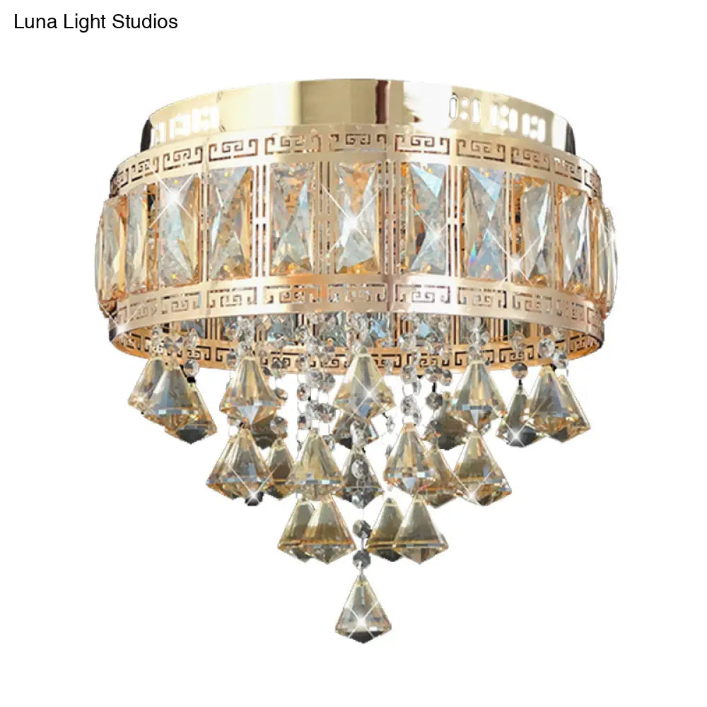 Contemporary Diamond Crystal Flush Lamp Fixture - Drum Shape 4 Lights Gold