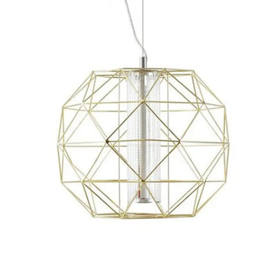 Contemporary Diamond Wire Cage Pendant Light With Glass Shade - Chrome/Gold Dining Room Lighting