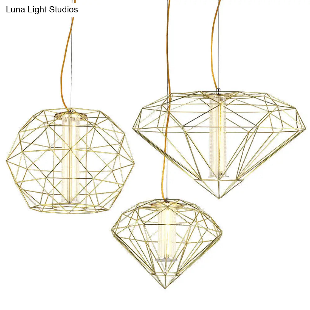 Contemporary Diamond Wire Cage Pendant Light With Glass Shade - Chrome/Gold Dining Room Lighting