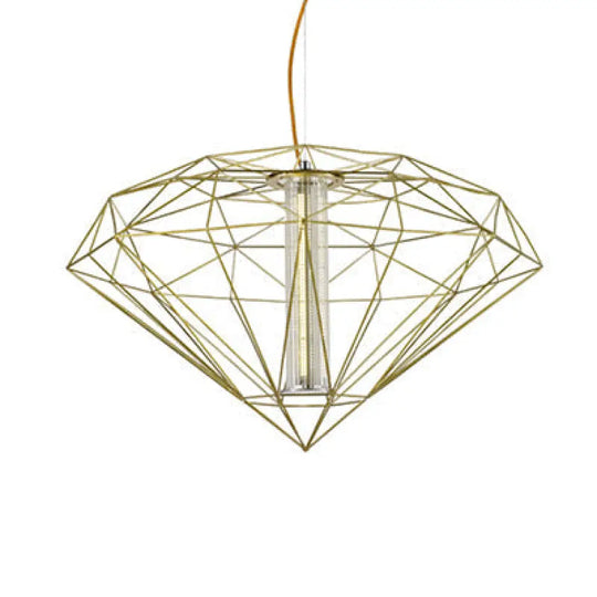 Contemporary Diamond Wire Cage Pendant Light With Glass Shade - Chrome/Gold Dining Room Lighting