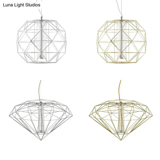 Contemporary Diamond Wire Cage Pendant Light With Glass Shade - Chrome/Gold Dining Room Lighting