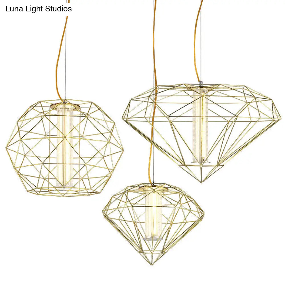 16/23.5 Diamond Wire Cage Pendant Light With Glass Shade In Chrome/Gold - Contemporary Metal 1 For