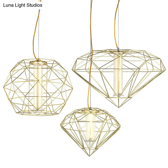 16/23.5 Diamond Wire Cage Pendant Light With Glass Shade In Chrome/Gold - Contemporary Metal 1 For