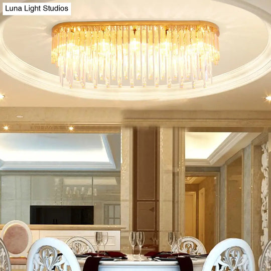 Contemporary Dining Room Ceiling Mounted Crystal Flush Mount Lamp - 10 Lights Golden Icicle