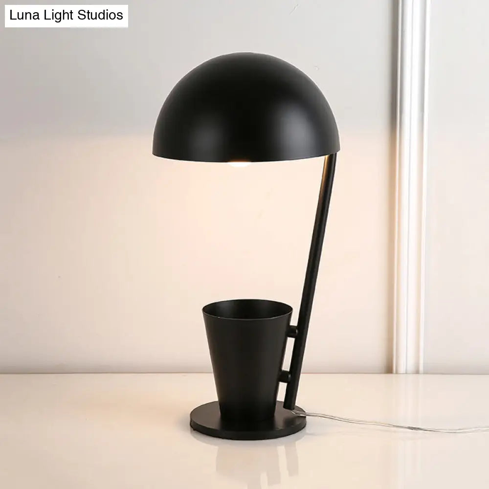 Contemporary Dome Metallic Shade Desk Lamp - Black/Gray 1-Bulb Reading Book Light With Storage Cup