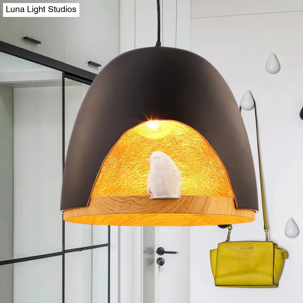 Contemporary Dome Pendant Lighting With Bird And Nest Design - White/Black Resin Hanging Lamp Black