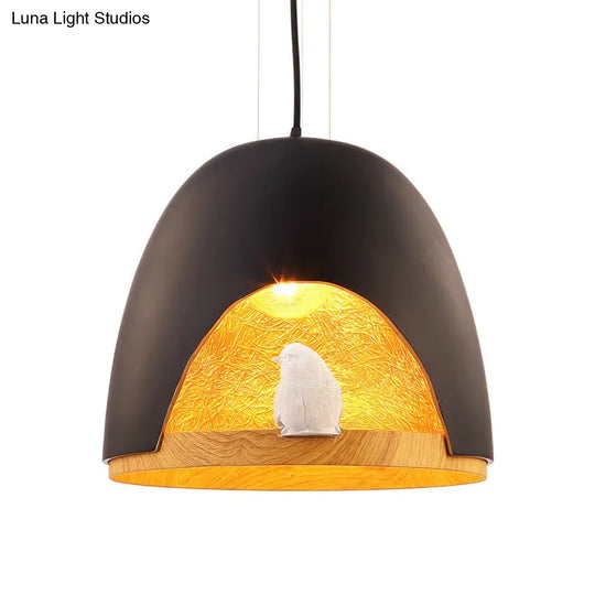 Contemporary Dome Pendant Lighting With Bird And Nest Design - White/Black Resin Hanging Lamp