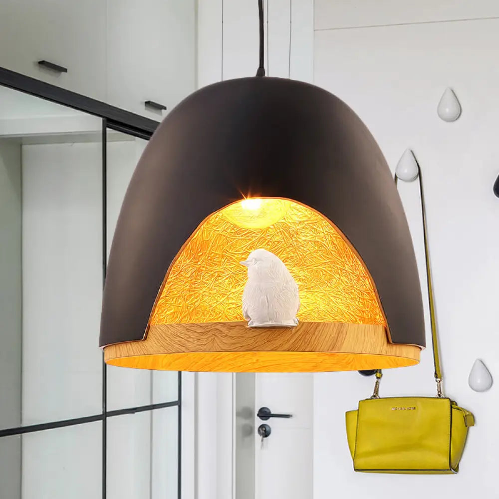 Contemporary Dome Pendant Light With Nest And Bird Design - Resin Hanging Lamp Fixture