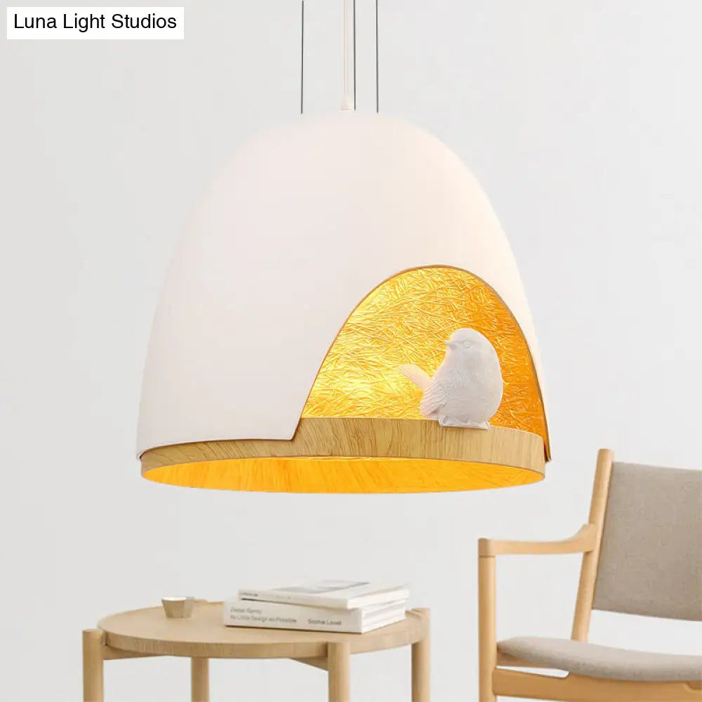 Contemporary Dome Pendant Lighting With Bird And Nest Design - White/Black Resin Hanging Lamp