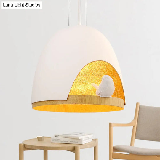 Contemporary Dome Pendant Light With Nest And Bird Design - Resin Hanging Lamp Fixture (White/Black)