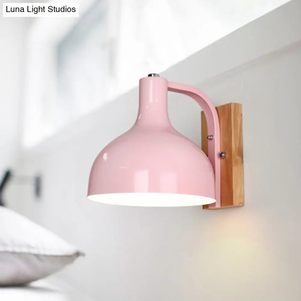 Contemporary Dome Shade Metal Wall Light With Wooden Backplate In White/Pink