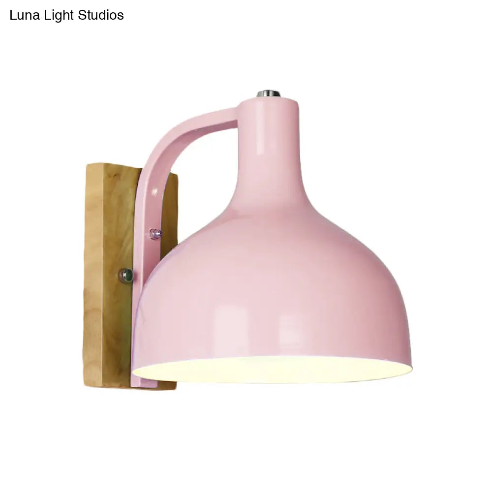 Contemporary Dome Shade Metal Wall Light With Wooden Backplate In White/Pink