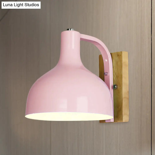 Contemporary Dome Shade Metal Wall Light With Wooden Backplate In White/Pink