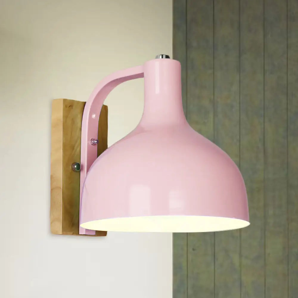 Contemporary Dome Shade Metal Wall Light With Wooden Backplate In White/Pink Pink