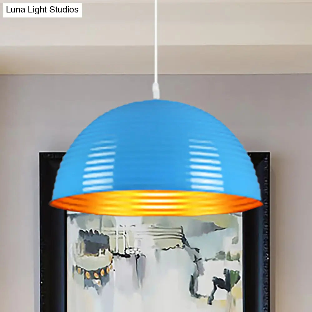 Contemporary Dome Shade Pendant Light With Ruffle - Single Head Red/Yellow/Blue 12/16/19.5 Wide Blue