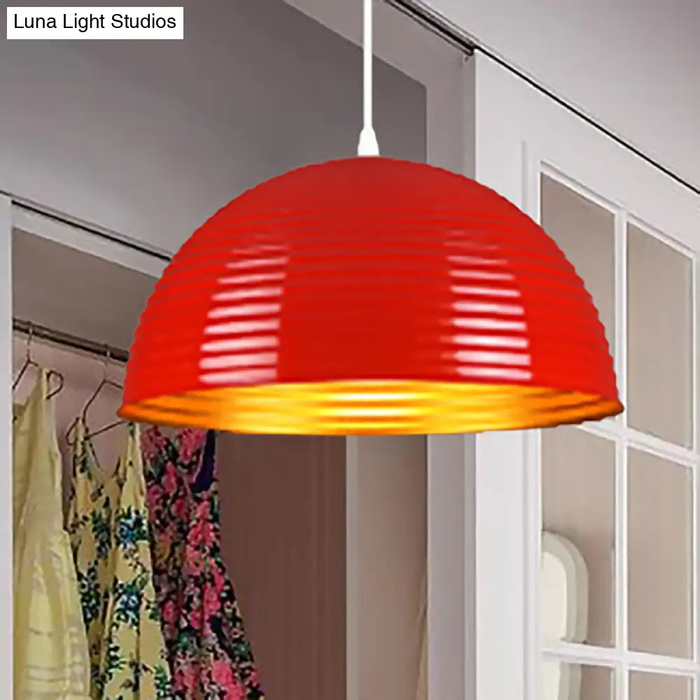 Contemporary Dome Shade Pendant Light With Ruffle - Single Head Red/Yellow/Blue 12/16/19.5 Wide