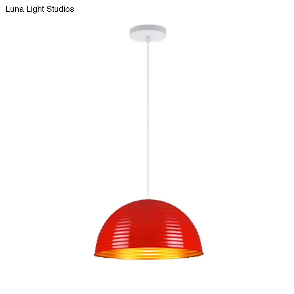 Contemporary Dome Shade Pendant Light With Ruffle - Single Head Red/Yellow/Blue 12/16/19.5 Wide