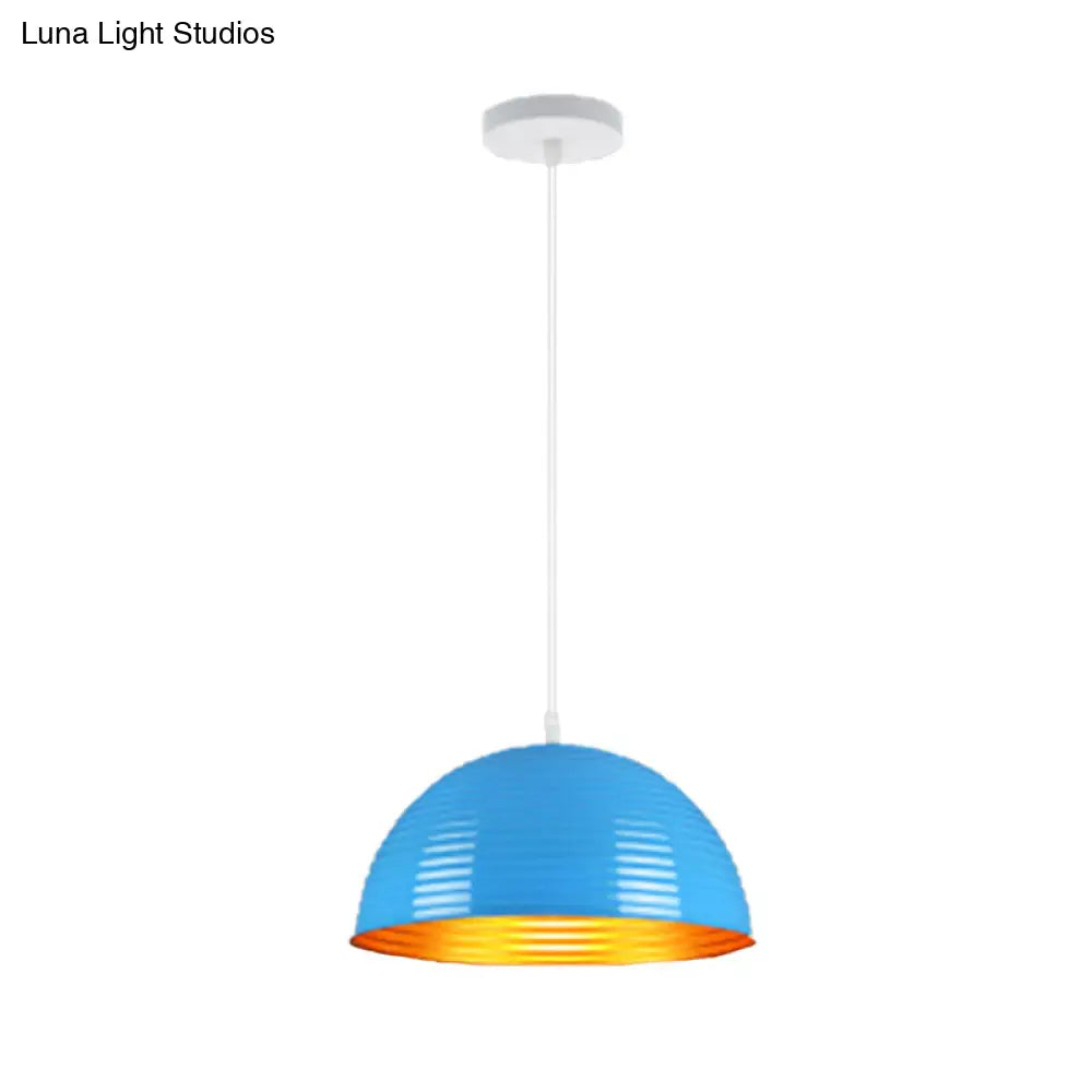 Contemporary Dome Shade Pendant Light With Ruffle - Single Head Red/Yellow/Blue 12/16/19.5 Wide