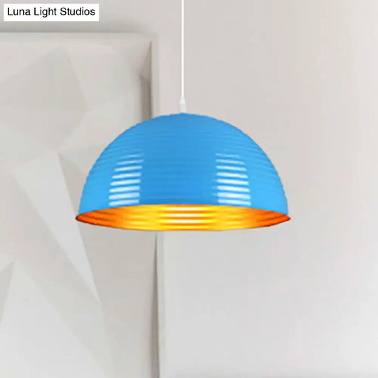 Contemporary Dome Shade Pendant Light With Ruffle - Single Head Red/Yellow/Blue 12/16/19.5 Wide