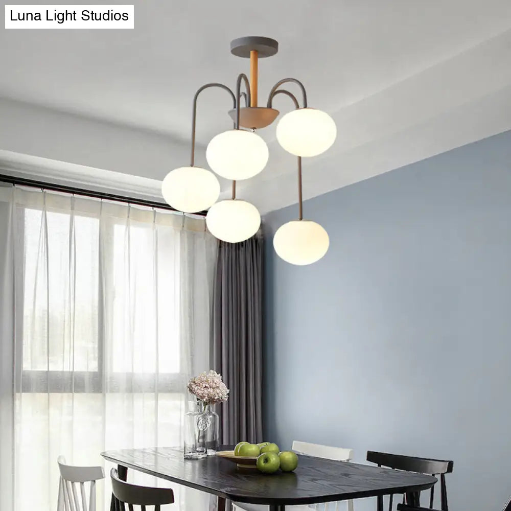 Contemporary White Glass Chandelier With Gray/Green Suspension Light - 3/5 Lights