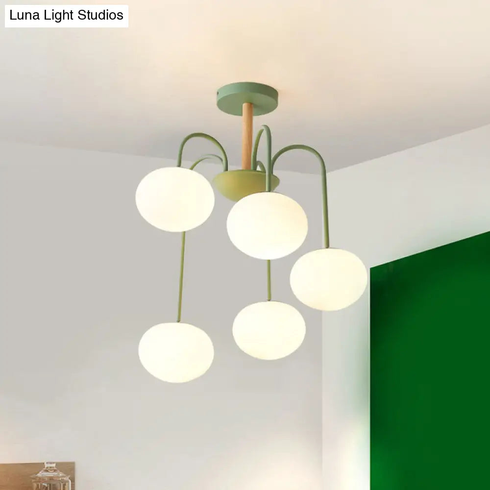 Contemporary White Glass Chandelier With Gray/Green Suspension Light - 3/5 Lights