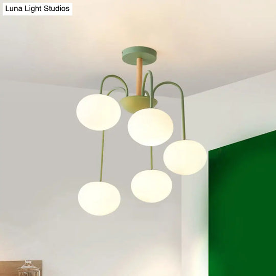 Contemporary White Glass Chandelier With Gray/Green Suspension Light - 3/5 Lights