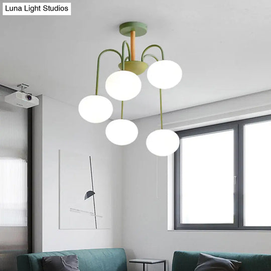 Contemporary White Glass Chandelier With Gray/Green Suspension Light - 3/5 Lights