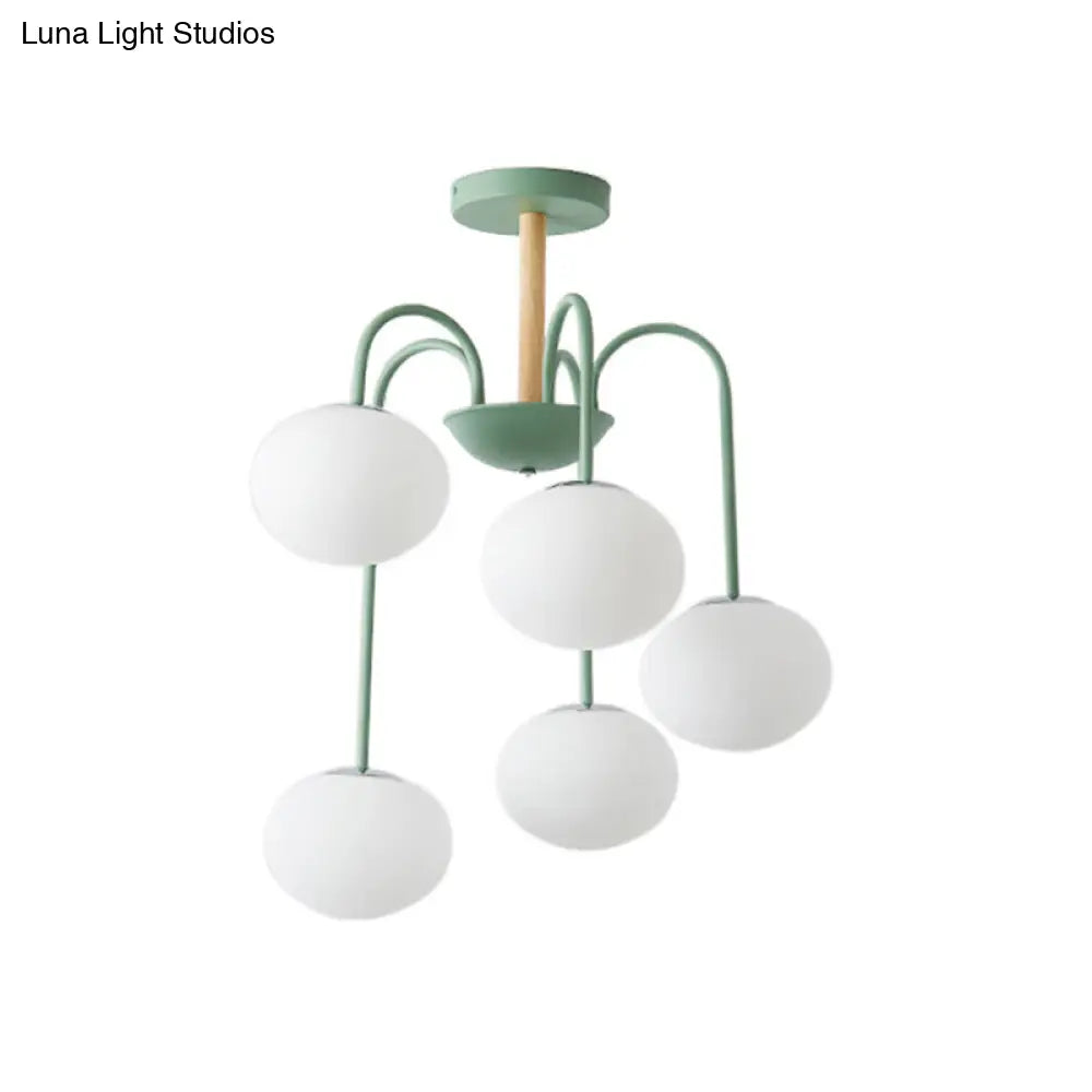 Contemporary White Glass Chandelier With Gray/Green Suspension Light - 3/5 Lights