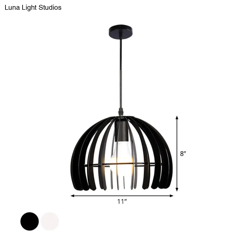 Contemporary Metal Domed Cage Living Room Pendant Lamp Kit - Single Bulb Suspension In Black/White