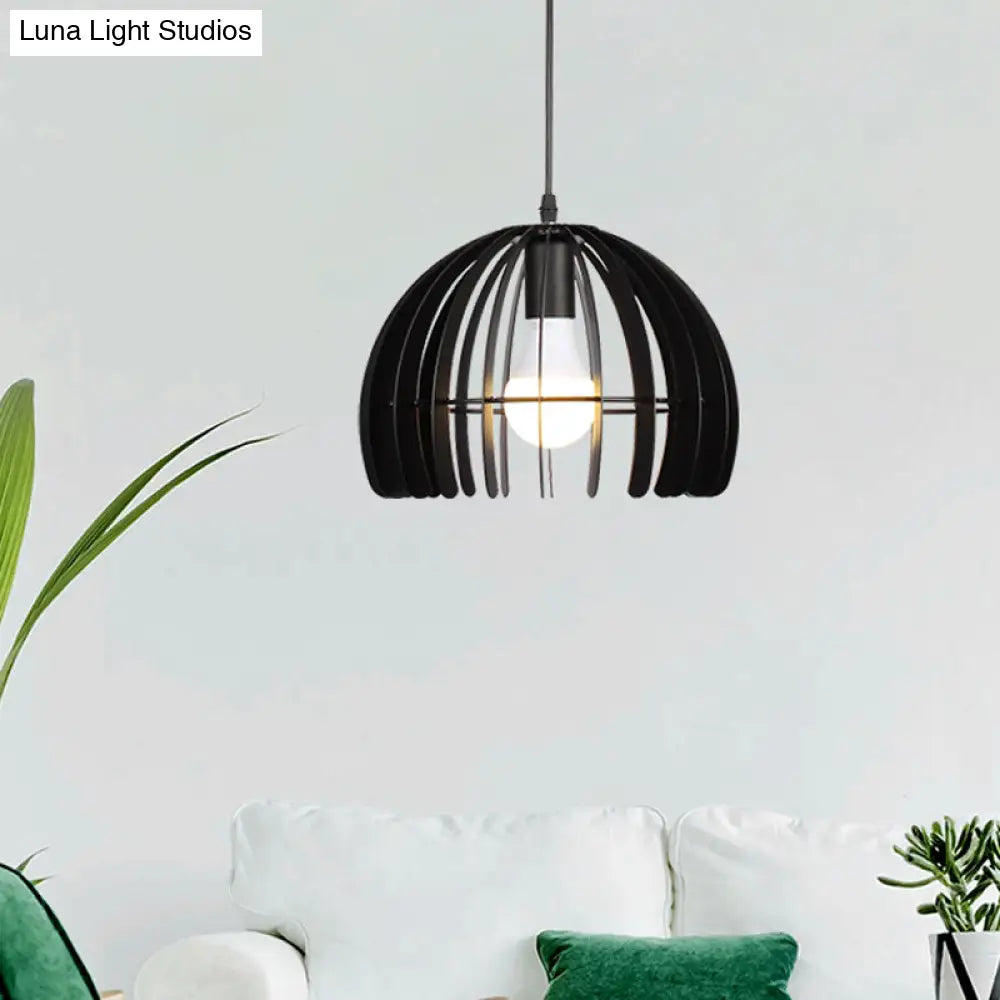 Contemporary Domed Cage Hanging Lamp Kit For Living Room - Metal Single Bulb Suspension Pendant In