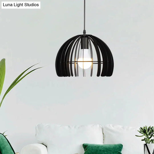 Contemporary Metal Domed Cage Living Room Pendant Lamp Kit - Single Bulb Suspension In Black/White