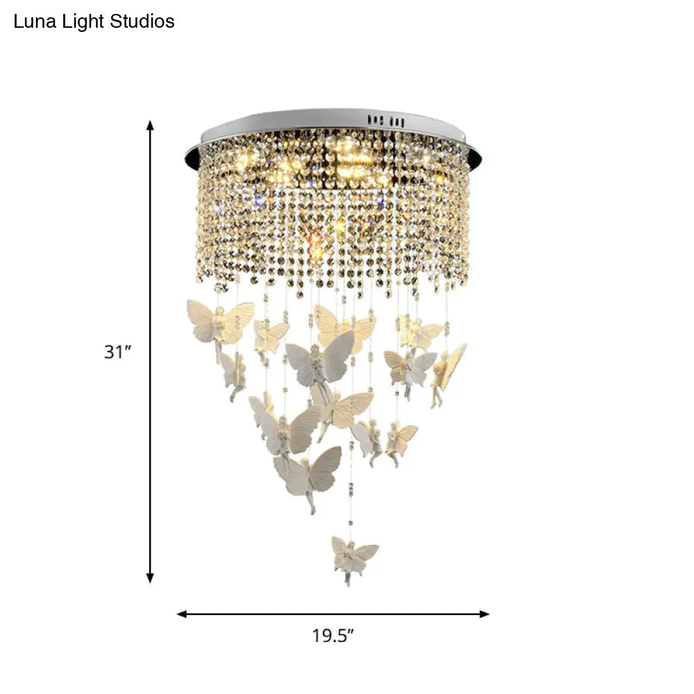 Contemporary Drum Flush Light With Clear Crystal Strand And Led Silver Ceiling Lighting -